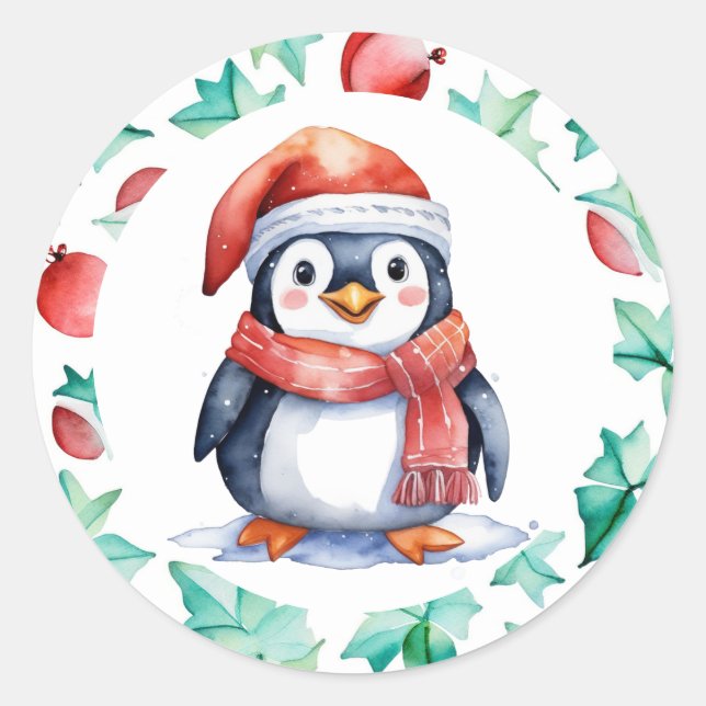 Cute Watercolor Christmas Penguin Holiday Classic Round Sticker (Front)