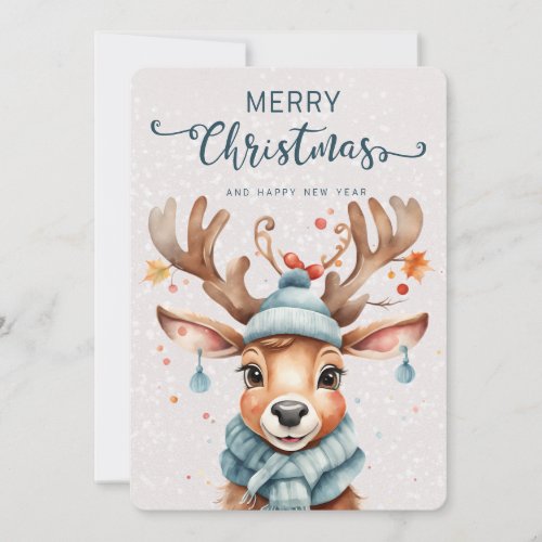Cute Watercolor Christmas Reindeer Holiday Card