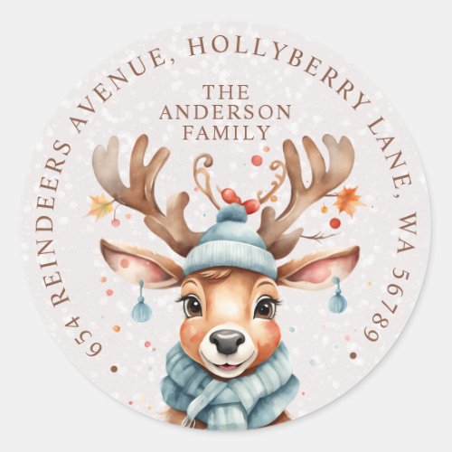 Cute Watercolor Christmas Reindeer Return Address  Classic Round Sticker