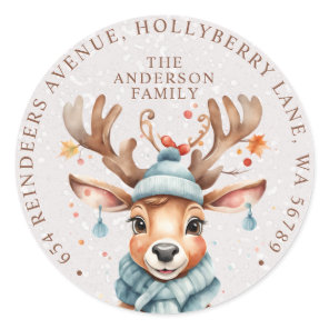 Cute Watercolor Christmas Reindeer Return Address  Classic Round Sticker