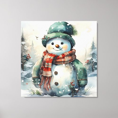 Cute Watercolor Christmas Snowman  Canvas Print