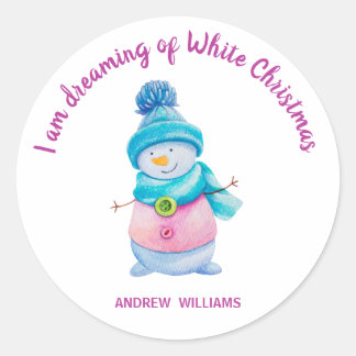 Cute Watercolor Christmas Snowman Custom Name Classic Round Sticker