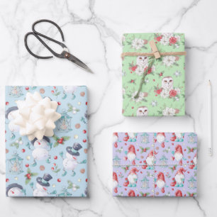 Cute Watercolor Christmas Snowman Gnome Owl Wrapping Paper Sheets
