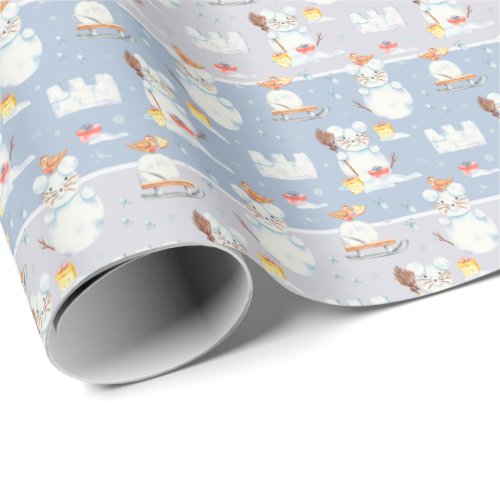 Cute Watercolor Christmas Snowman Rats Pattern Wrapping Paper