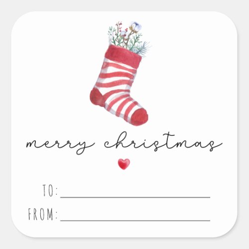 Cute Watercolor Christmas Stocking Merry Christmas Square Sticker