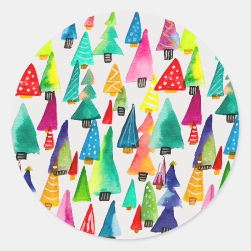 Cute watercolor Christmas trees Classic Round Sticker