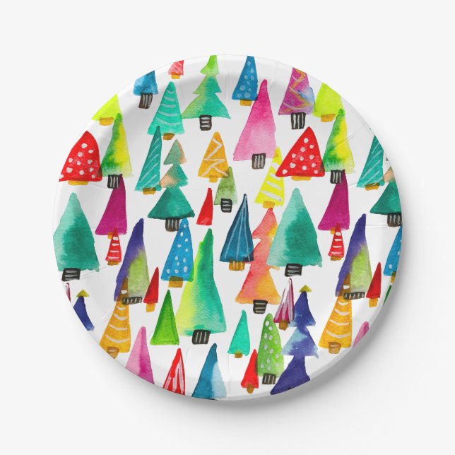 Cute watercolor Christmas trees Paper Plates (Front)