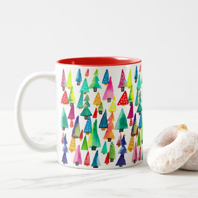 Cute watercolor Christmas trees Two-Tone Coffee Mug (With Donut)