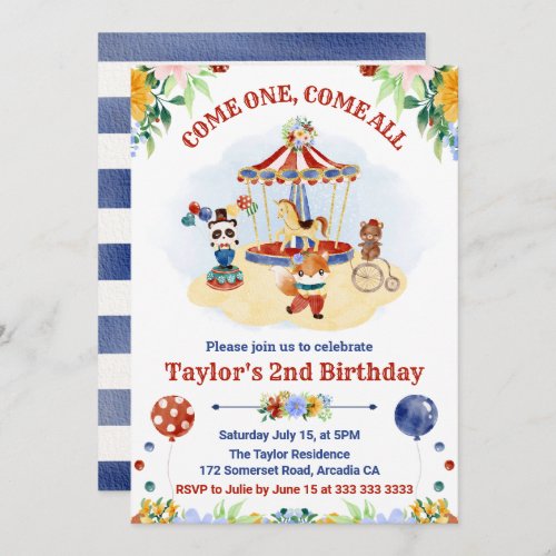 Cute Watercolor Circus Carnival Kids Birthday Invitation