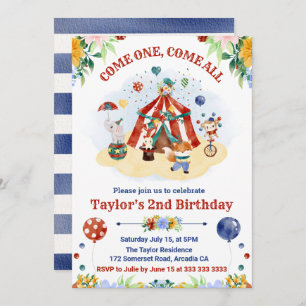 Cute Watercolor Circus Carnival Kids Birthday Invitation