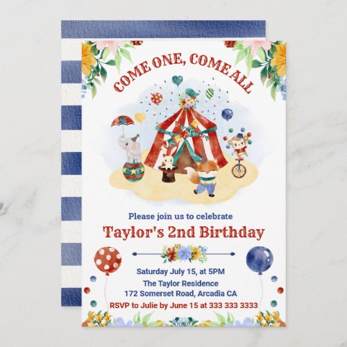 Cute Watercolor Circus Carnival Kids Birthday Invitation