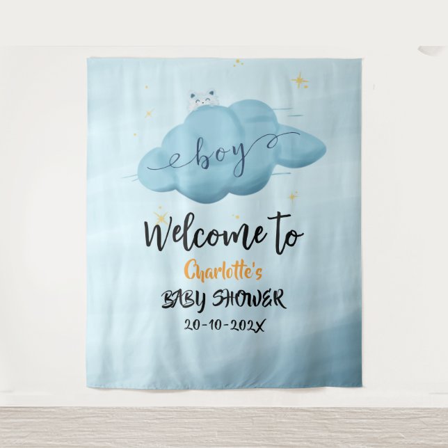 Cute Watercolor Cloud Baby Boy Shower Backdrop (Front)