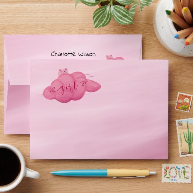 Cute Watercolor Cloud Baby Girl Shower Envelope (Desk)