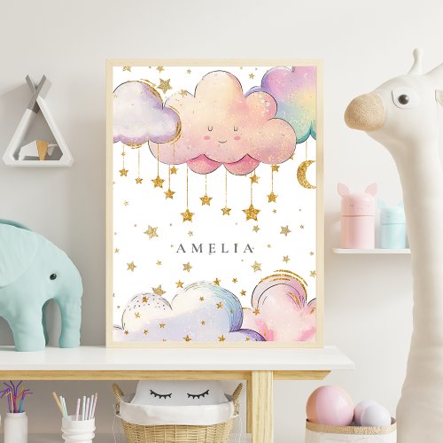 Cute Watercolor Cloud Star Baby Girl Nursery Room Poster