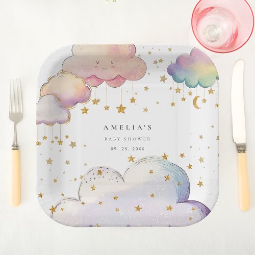 Cute Watercolor Cloud Star Baby Girl Shower Paper Plates