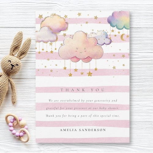 Cute Watercolor Cloud Star Baby Girl Shower Pink Thank You Card