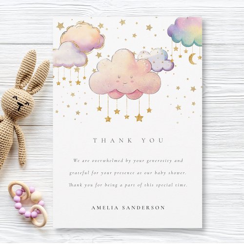 Cute Watercolor Cloud Star Baby Girl Shower Thank You Card