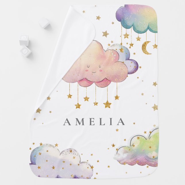 Cute Watercolor Cloud Star Girl Baby Blanket (In Situ)