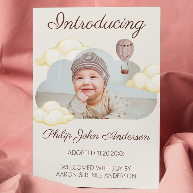 Cute Watercolor Clouds Photo Adoption Announcement (adoption announcement clouds cute watercolor photo hot air balloon adoptive child reveal sweet)