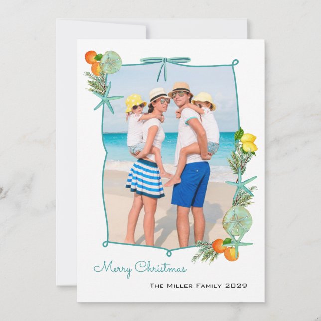 Cute Watercolor Coastal Christmas Photo Holiday Card (Front)