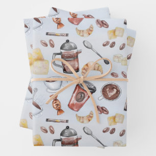 Cute Watercolor Coffee Lover Pattern Pastel Blue Wrapping Paper Sheets