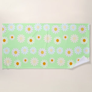 Cute watercolor colorful Daisy Pattern Green Beach Towel