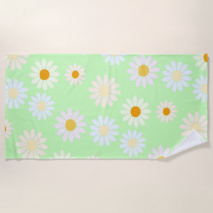 Cute watercolor colorful Daisy Pattern Green Beach Towel