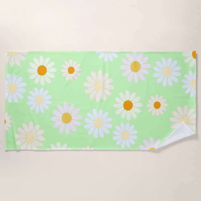 Cute watercolor colorful Daisy Pattern Green Beach Towel (Front)