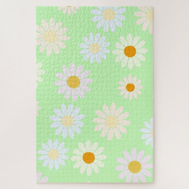 Cute watercolor colorful Daisy Pattern Green Jigsaw Puzzle (Vertical)
