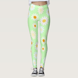 Cute watercolor colorful Daisy Pattern Green Leggings