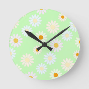 Cute watercolor colorful Daisy Pattern Green Round Clock