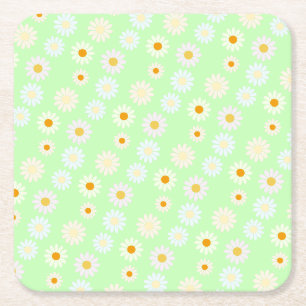 Cute watercolor colorful Daisy Pattern Green Square Paper Coaster