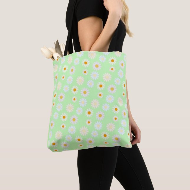 Cute watercolor colorful Daisy Pattern Green Tote Bag (Close Up)