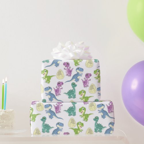 Cute Watercolor Colorful Dinosaurs Wrapping Paper