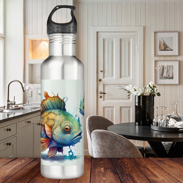 Cute Watercolor Colorful Fishes Water Bottle (Water bottle showing a watercolor painting of colorful fishes. For anyone who loves fish or a Pisces)