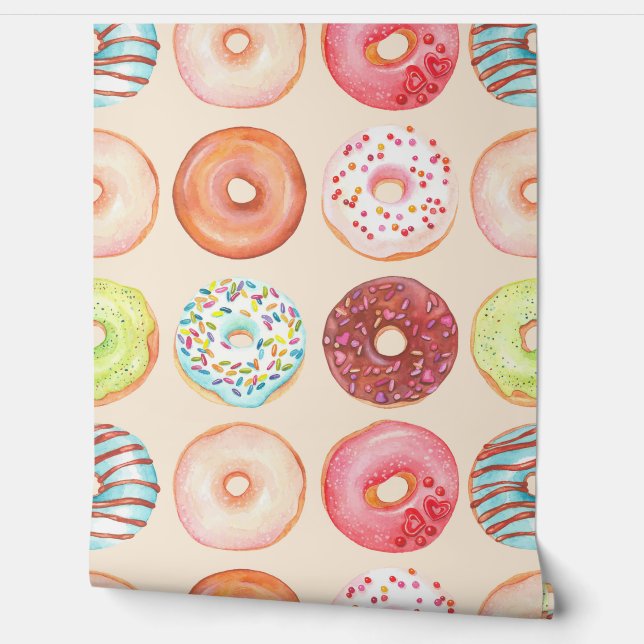 Cute Watercolor Colorful Glazed Donuts Kitchen Wallpaper (Unrolling)