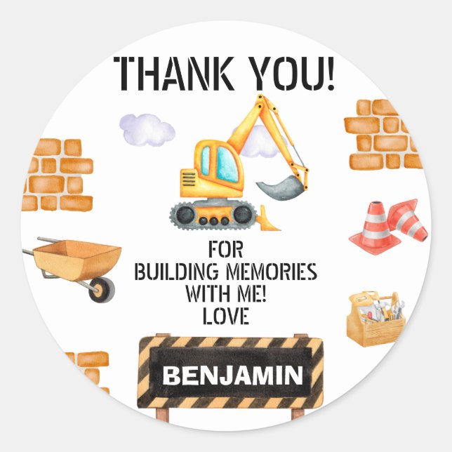 Cute Watercolor Construction Birthday Classic Round Sticker (Front)