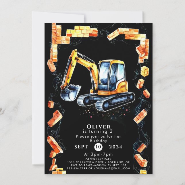 Cute Watercolor Construction Birthday Invitation (Front)