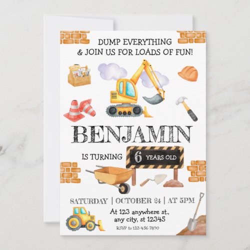 Cute Watercolor Construction Birthday Invitation