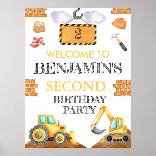 Cute Watercolor Construction Birthday Poster