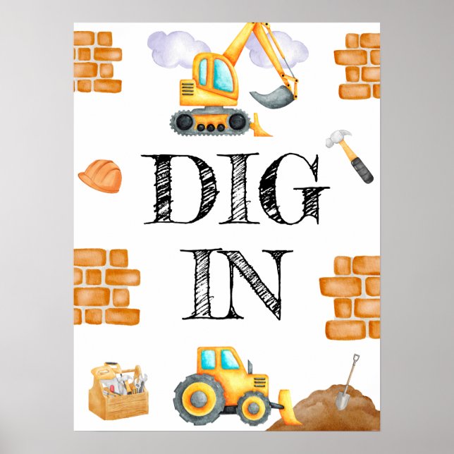 Cute Watercolor Construction Birthday Poster (Front)