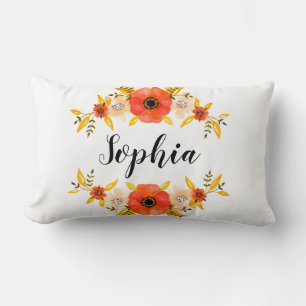 Cute Watercolor Coral Floral Wreath Custom Text Lumbar Pillow