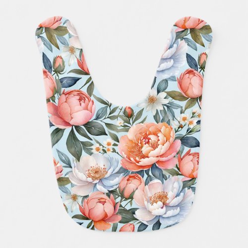 Cute Watercolor Coral Peonies Floral Pattern  Baby Bib