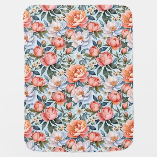 Cute Watercolor Coral Peonies Floral Pattern  Baby Blanket