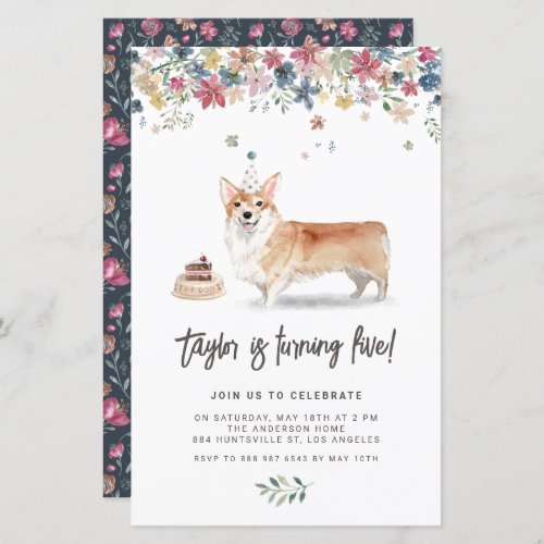 Cute Watercolor Corgi Dog Birthday Invitation