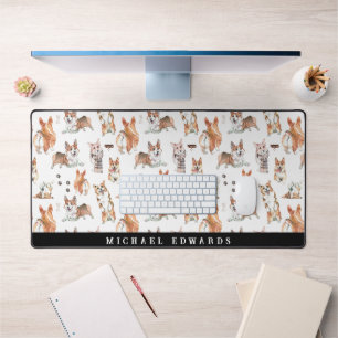 Cute Watercolor Corgi Dog Pattern Monogram Desk Mat