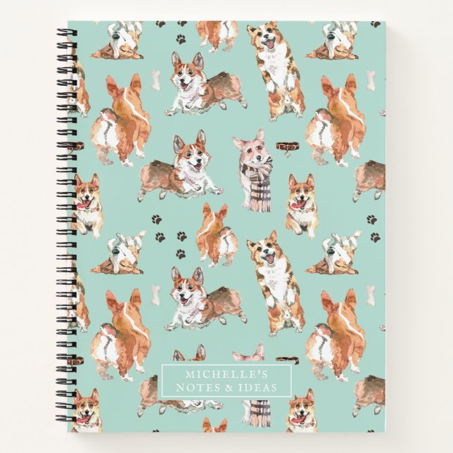 Cute Watercolor Corgi Dog Pattern Monogram Notebook (Front)