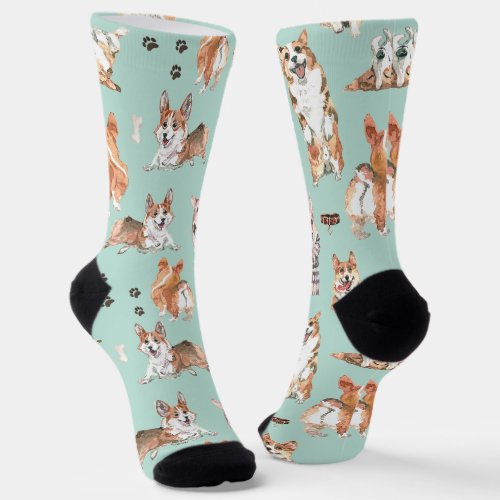 Cute Watercolor Corgi Dog Pattern Socks