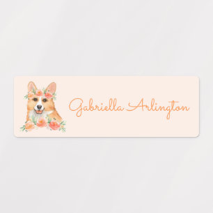 Cute Watercolor Corgi Peach Floral Custom Name Kids' Labels