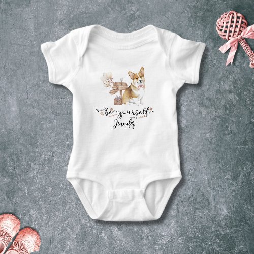 Cute Watercolor Corgi puppy with quote Be yourself Baby Bodysuit